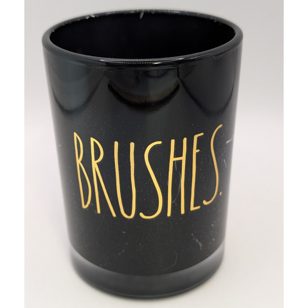 Rae Dunn "Brushes" Glass Makeup/Tootbrush Holder Painted Navy Blue/Gold Accents